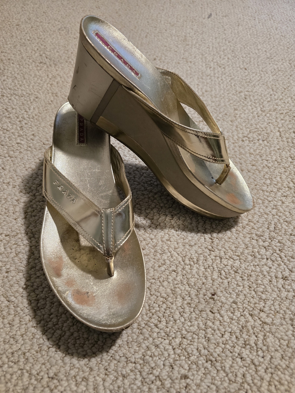 Prada Gold Wedge Flip-Flop Sandals